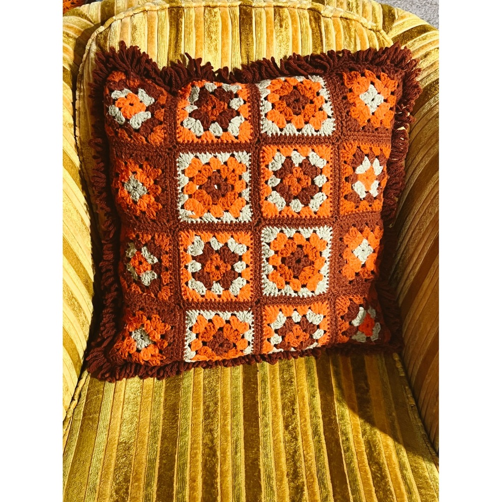 Vintage 70s Handmade Granny Square Crochet Pillow Burnt Orange Brown Boho Fringe